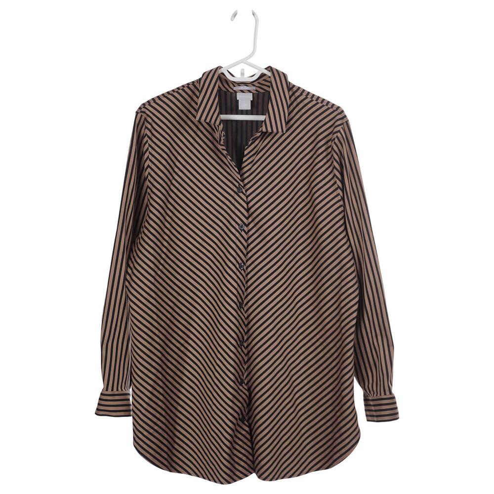 Chico's Button-Up Shirt 3 (US 16) Black Tan Striped Cotton No-Iron Chic Stretch